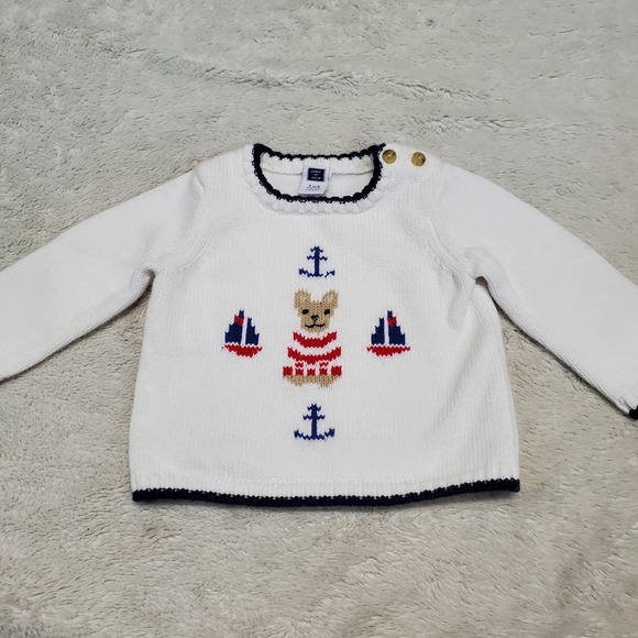 Janie and Jack Other - Janie and Jack White Blue Dog Boat Knit Sweater Baby 3 6 months Nautical America